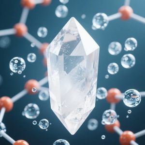 jimeng-2025-05-07-729-cristal de quartzo branco rodeado por moleculas de água em sua estrutura atomi...